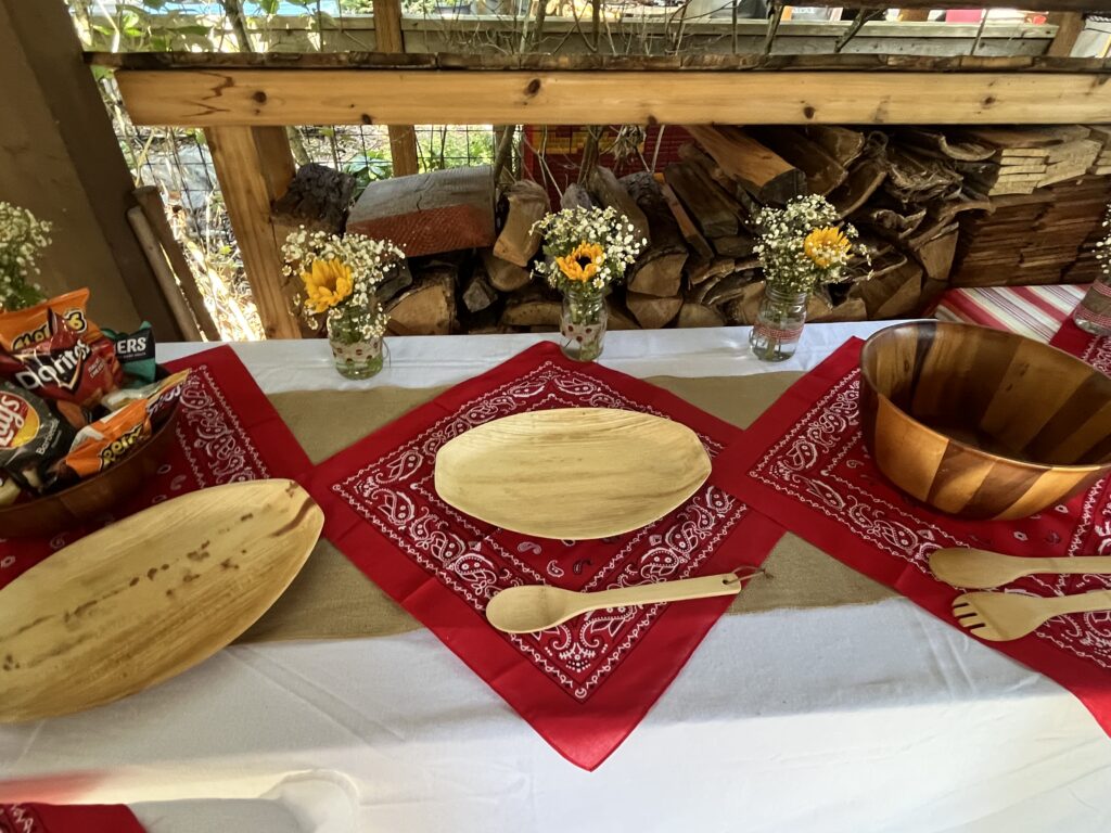 Wide view of a birthday party setup with full table décor